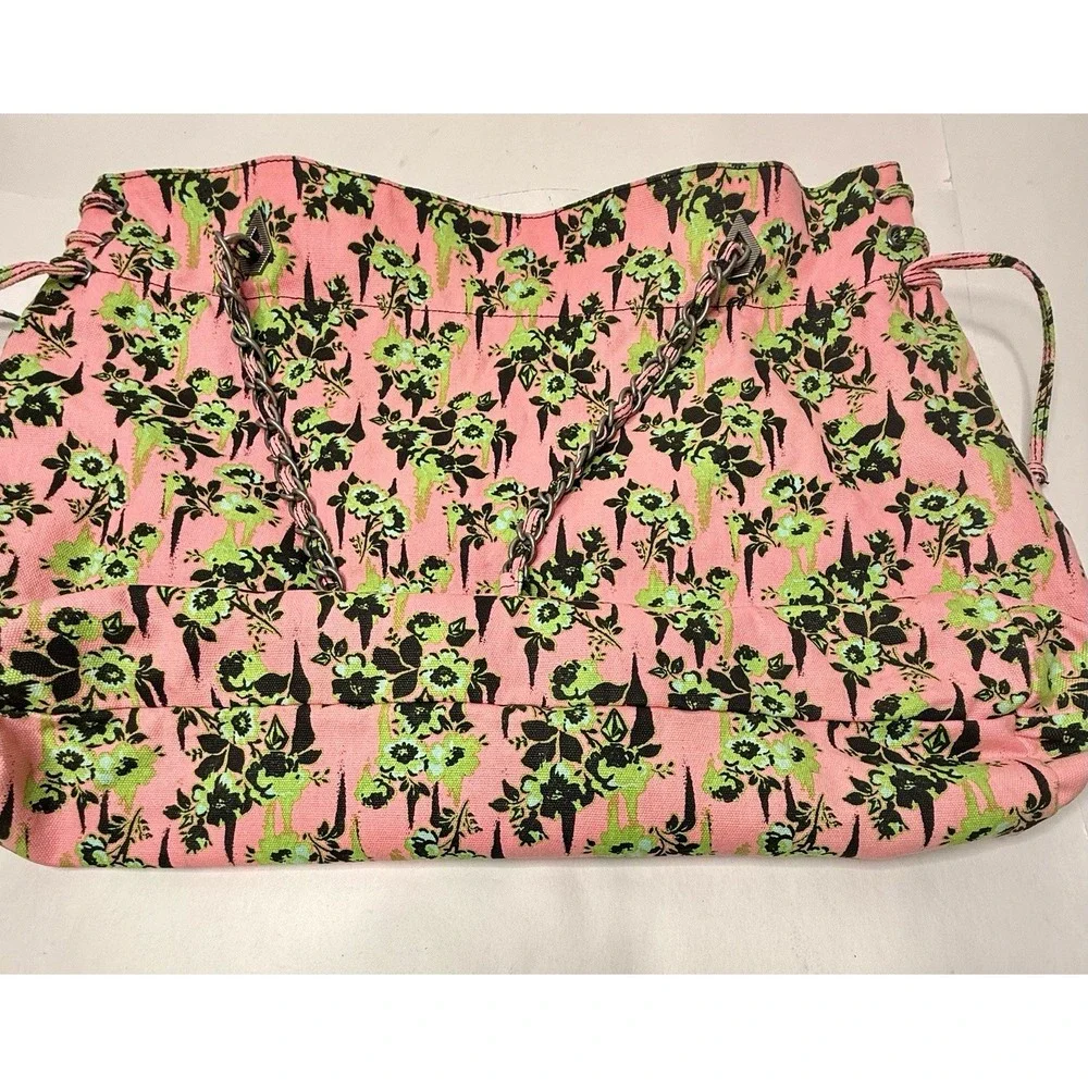Volcom 2000s Pink Green Floral Large Tote Bag Chain‎ Handles Hobo Beach Casual